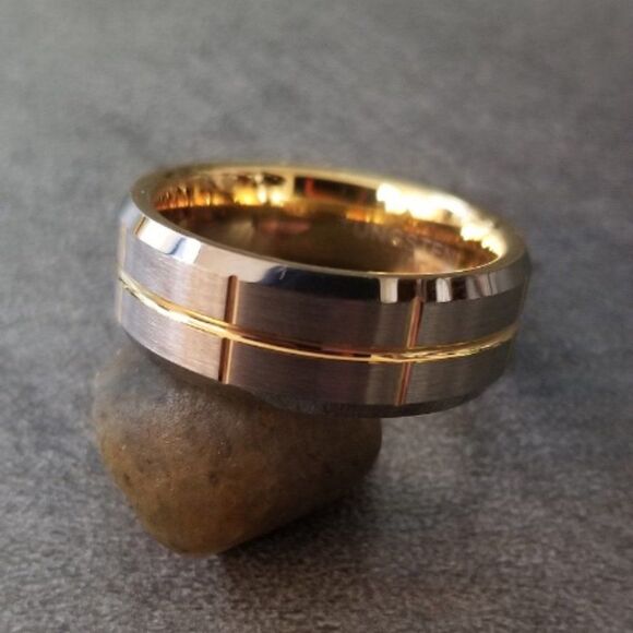 Personalized Mens Real Tungsten Promise Ring Brushed Steel 14k Gold Grooves - Picture 10 of 12